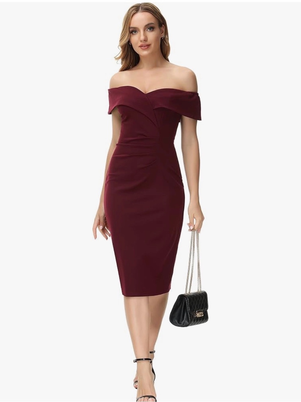 Off-Shoulder Midi Dress in Burgundy — Elegant Bodycon